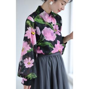 SからL対応 黒 華やかな桃色の花咲くシアーシ...の詳細画像1
