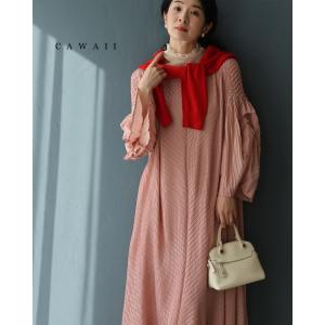 Sから3L対応 変形タック袖のゆるやかプリーツミディアムワンピース