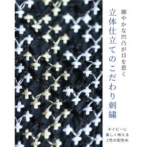 紺胸元を飾るクロスステッチのミディアムワンピースの詳細画像1