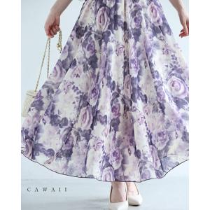 風に揺れる紫のバラ画ロングスカート