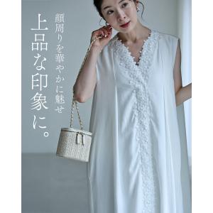 センターに流れる白花レースロングワンピースベルト付きの詳細画像3