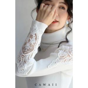 cawaii S〜L/2L〜3L ホワイト  FRENCHPAVE オリジナル 肩レースニット肩と袖の透けレース タートルネックカットソートップスS/M/L/2L/