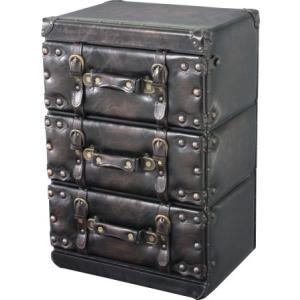 メンソシリーズ３段引き出し収納チェスト　トランク型 アンティーク調レザー張り ブラック IW-873