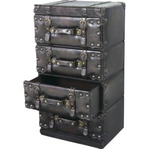 メンソシリーズ４段引き出し　IW-874　収納チェスト　トランク型 アンティーク調レザー張り ブラッ...