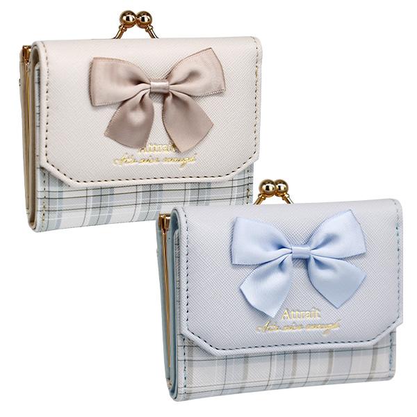 財布 ミニ財布 三つ折り がま口 キッズ ジュニア 女の子 チェック リボン付き (C05461) ...