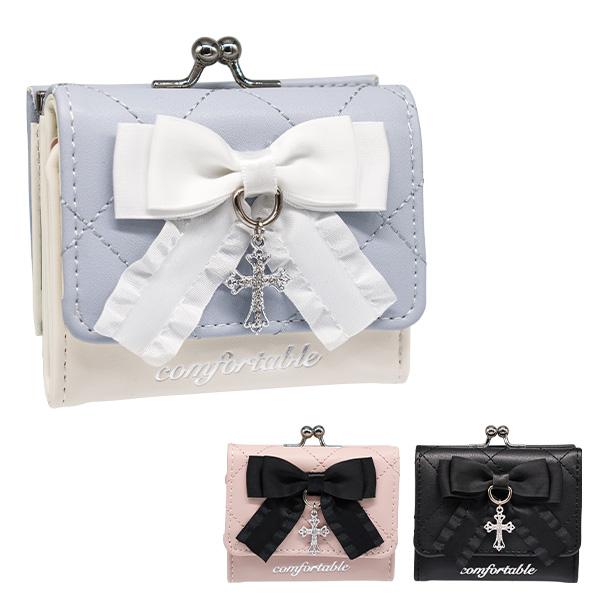 財布 ミニ財布 三つ折り がま口 クロス×リボン (MDP-305) 小さめ おしゃれ 高校生 中学...