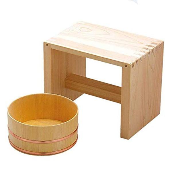 天然木を使用した日本製湯桶と風呂椅子のセット ヤマコー 湯浴セット 83698 〈簡易梱包
