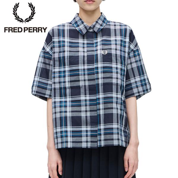 フレッドペリー シアサッカー 半袖 タータンチェックシャツ FRED PERRY G7158 ネイビ...