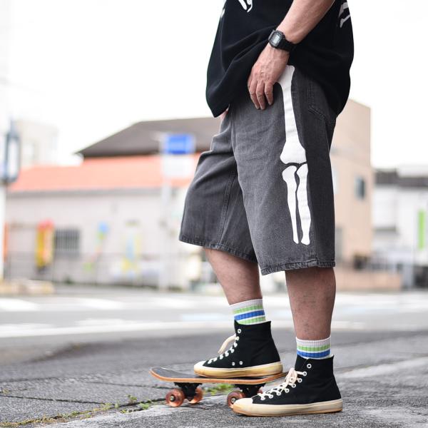 VANSON バンソン別注　SKELTON BONES DENIM SHORT ボーンプリントデニム...