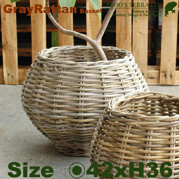 Gray Rattan Basket  M  B1246（直径42cm×H36cm）（底穴なし）（ラ...