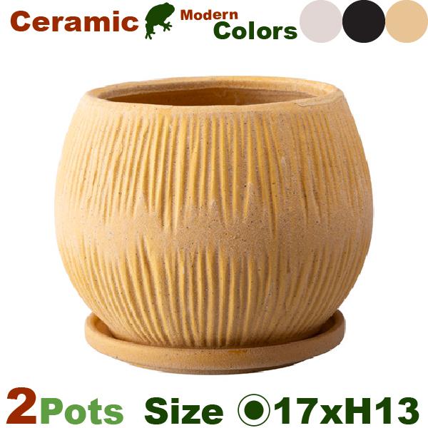 エヴァ L 同色2個セット（直径17cm×H13cm）（底穴あり/受皿付）（陶器製）（プランター/盆...