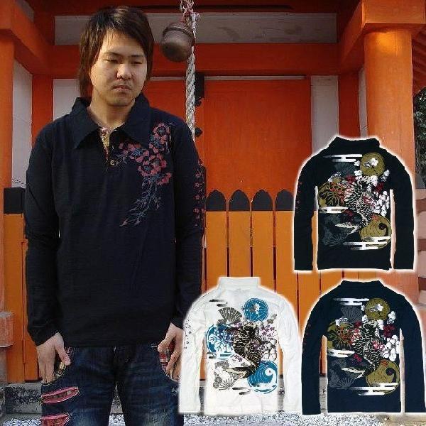 和柄 長袖 ポロシャツ メンズ 和風 桜吹雪 刺繍 雲采 登鯉 派手なTシャツ バックプリント ファ...