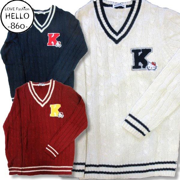 サンリオ ハローキティ レディース 長袖 ケーブルニット Vネック セーター K 柄 ウール混 アメ...