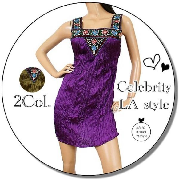 インポート ワンピース LAファッション 服 花刺繍 シルクのしわ加工 レディース クリックポスト送...