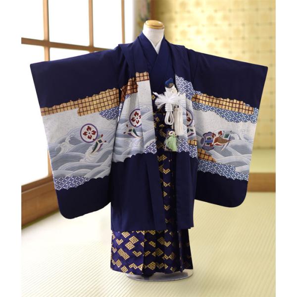 七五三 5歳 男の子 着物 レンタル 紺松に宝づくし《身長》120cm前後★簡単な着付けマニュアル付...