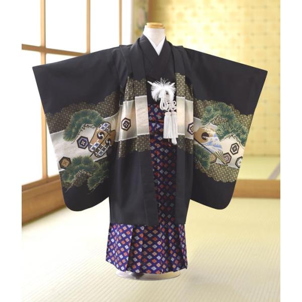 七五三 5歳 男の子 着物 レンタル 黒針松にカブト《身長》115cm前後★簡単な着付けマニュアル付...