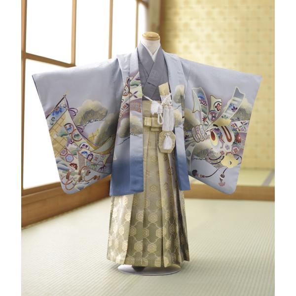 七五三 5歳 男の子 着物 レンタル シルバーグレーぼかし鷹にのし《身長》115cm前後★簡単な着付...