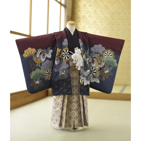 七五三 5歳 男の子 着物 レンタル えんじ三段ぼかし鷹に源氏車《身長》115cm前後★簡単な着付け...