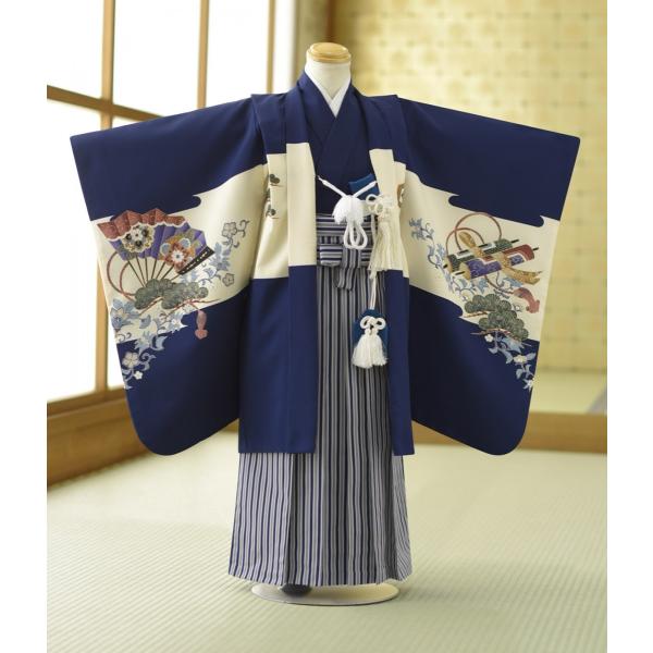 七五三 5歳 男の子 着物 レンタル 紺唐草にタカ《身長》105cm前後★簡単な着付けマニュアル付き...