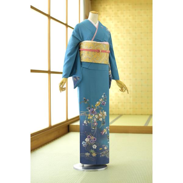 夏用単衣訪問着 ブルー花ごよみ 身長 155cm〜160cm位 訪問着 レンタル 単衣 夏 着物 結...