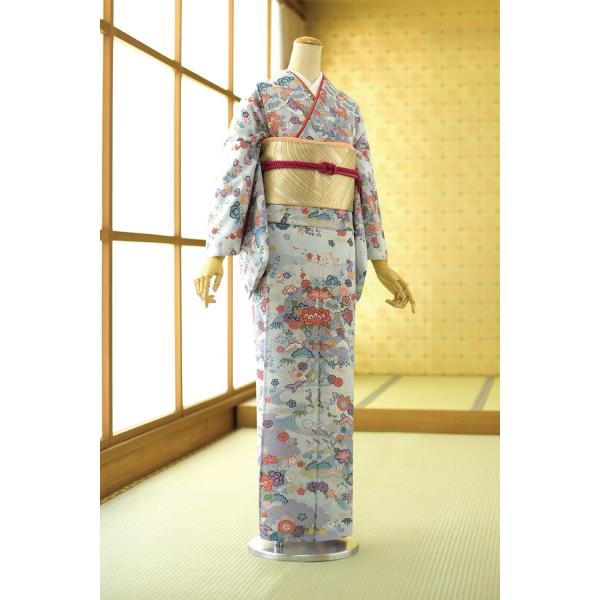 夏用小紋 ブルー深山の里 身長 157cm〜167cm位 訪問着 レンタル 単衣 夏 着物レンタル ...