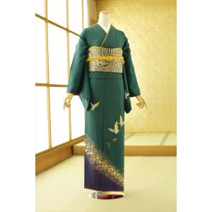レンタル訪問着 グリーン金吹雪一葉蝶 広巾 身長 156cm〜168cm位 結婚式 着物レンタル 卒業式 入学式 卒園式 七五三 お宮参り 母親  着物レンタル お茶会