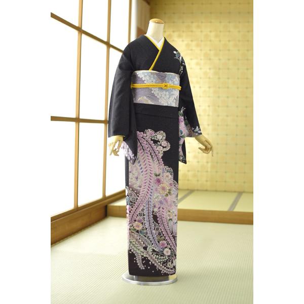 夏用単衣訪問着 金通し黒竜安の花 身長 160cm〜178cm位 訪問着 レンタル 単衣 夏 着物 ...