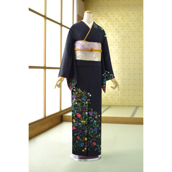 夏用単衣訪問着 黒唐小花 身長155cm〜167cm位 訪問着 レンタル 単衣 夏 着物レンタル 結...