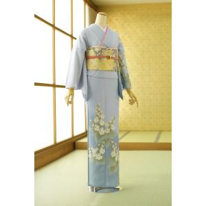 「縁」151ｃｍ～158ｃｍ 夏物 絽ちりめん地 訪問着 正絹 Ｕ７２１ 夏用単衣訪問着 扇面御所 身長 151cm〜161cm位 訪問着 レンタル 単衣