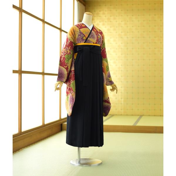 袴 レンタル 卒業式袴 女性  着物 ちりめん赤ダリア  袴 黒 93cm  身長 155cm〜16...