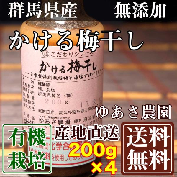 有機JASかける梅干し 200g×4本 (群馬県 ゆあさ農園)有機栽培 梅 無添加 天然塩「海の精」...