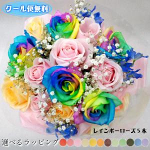 レインボーローズ 5本入 ブーケ] 送料無料 虹色のバラ 花束 プレゼント バラ 生花 ギフト 女性 誕生日 記念日 結婚祝い 虹の橋 かすみ草  退職 送別