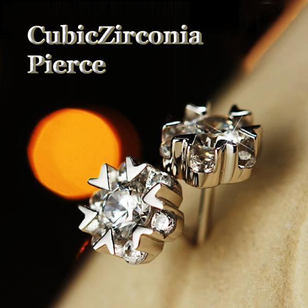 ピアス レディース アレルギー対応 雪の結晶 ハート形 ６本爪 大き粒CZダイヤ 輝き ポイント消化...