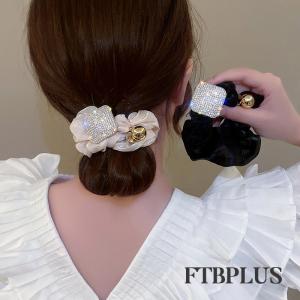 ヘアゴム シュシュ ヘアアクセサリー CZダイヤプレート ボリュームレース ふんわり 髪留め ブレスレット