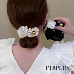 シュシュ ヘアゴム ヘアアクセサリー CZダイヤプレート ボリュームレース ふんわり 髪留め ブレス...