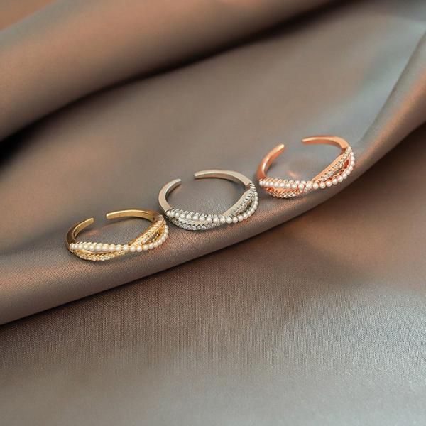 指輪 レディース リング 金属アレルギー対応 C型リング パール CZダイヤ 交差 K18コーティン...