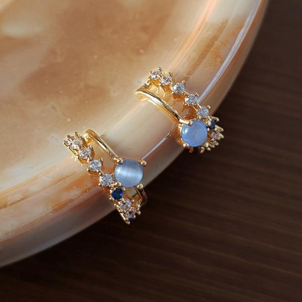 ピアス レディース 小さめ フープ スタッド C型 ムーンストーン 色 キャッツアイ ブルー キュー...