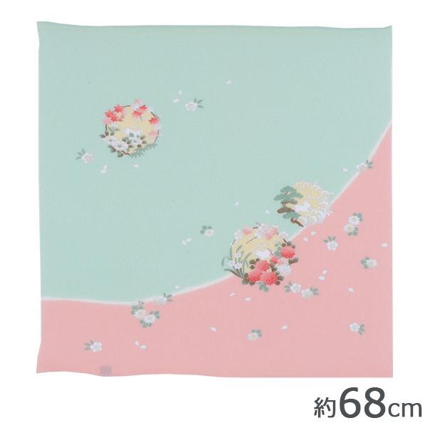 山田繊維　むす美　風呂敷(ふろしき)　二巾7号　正絹ちりめん友禅　花の丸にうさぎ　ピンク　30623...