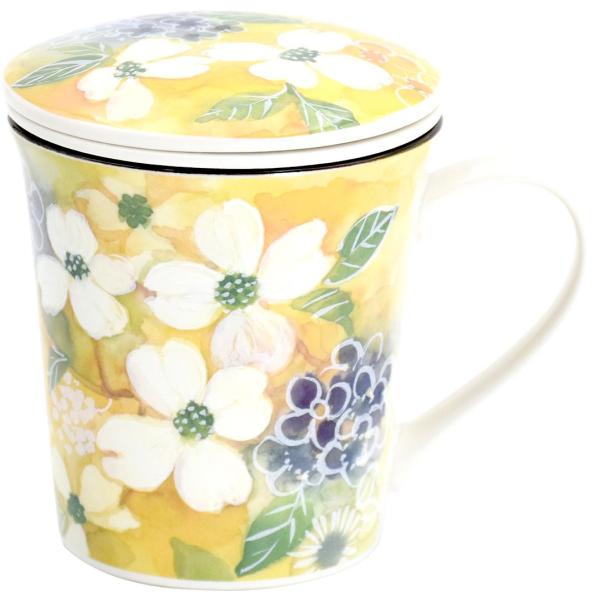 セラミック藍 蓋付マグカップ ハナミズキ(茶漉し付) 60204