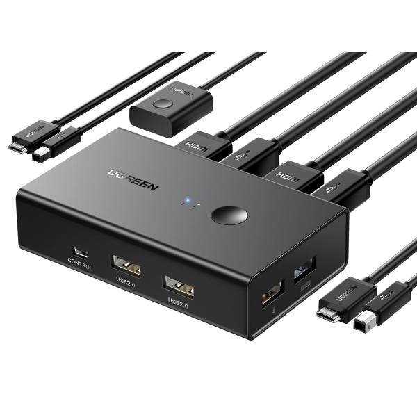 UGREEN HDMI KVM切替器 2入力1出力 キーボード、マウス、モニターを共有 PC2台用 ...