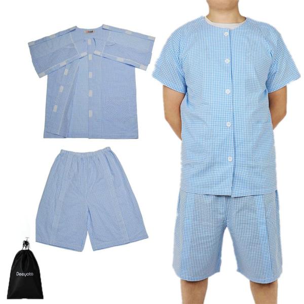 [DEEYOTA] 介護パジャマ 半袖 綿100％ マジックテープで全開 入院パジャマ オムツ交換 ...