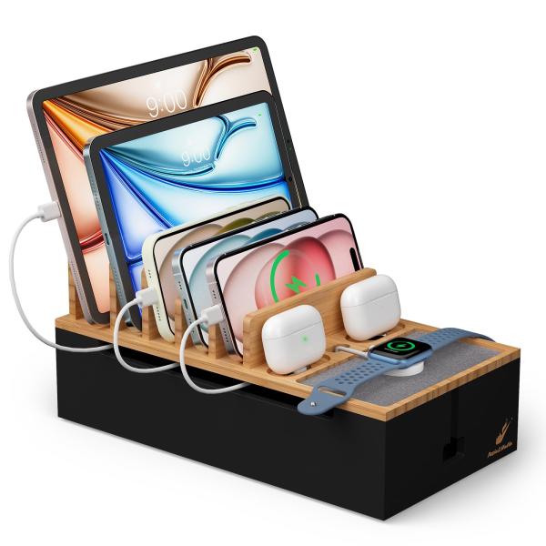 Pezin &amp; Hulin充電ステーションオールデバイススタンド置台竹製8台収納タイプスマホ/タブレ...