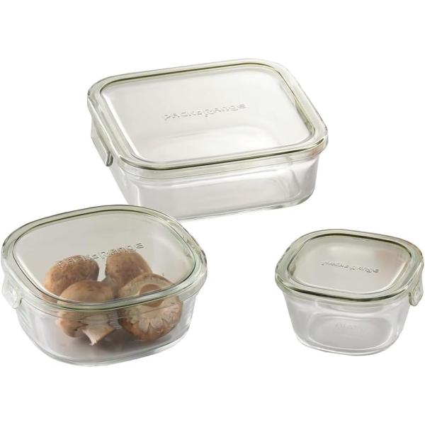 iwaki(イワキ) 耐熱ガラス 保存容器 オリーブグリーン 角型 3点セット パック&amp;レンジ PC...