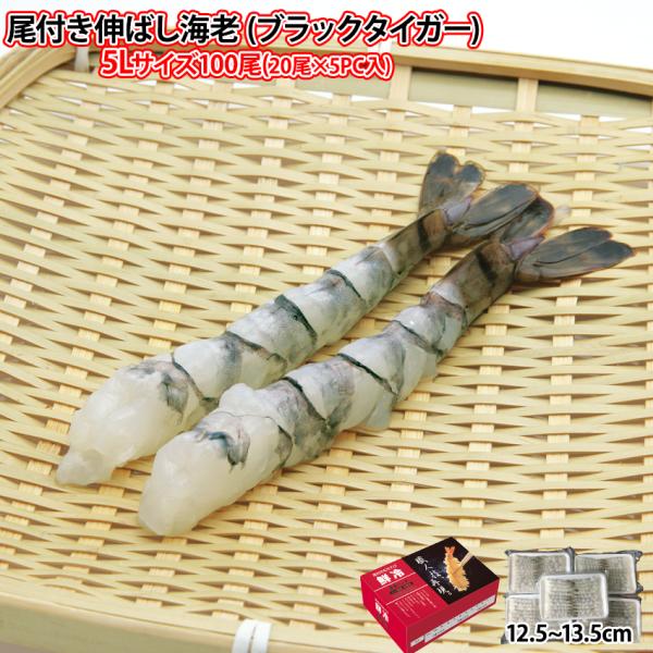 天ぷら フライ 尾付き伸ばし海老 ブラックタイガー 5Lサイズ 100尾 20尾×5PC入り 約12...