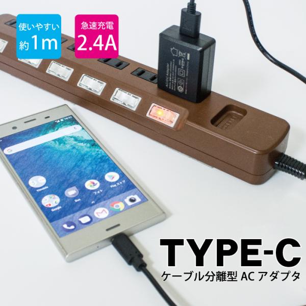 typeC タイプC 充電器 ケーブル 1m 充電ケーブル 一体型 ACアダプタ 2.4A 急速 U...