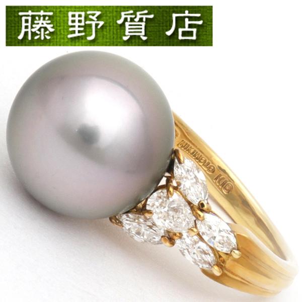 （美品）ミキモト MIKIMOTO ブラックパールリング(約9号) 12.9mm玉 K18YG×黒真...