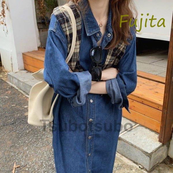 ワンピース レディース マキシ丈 デニムワンピース シャツワンピース 長袖 大きいサイズ 着痩せ 体...