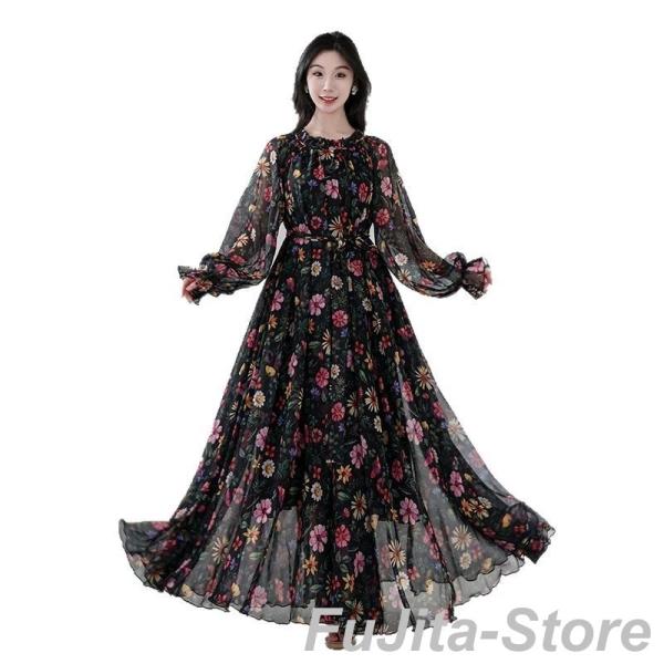 ワンピースドレス レディース 春秋 マキシ丈 シルク風 花柄 長袖 ロング丈ワンピース きれいめ シ...