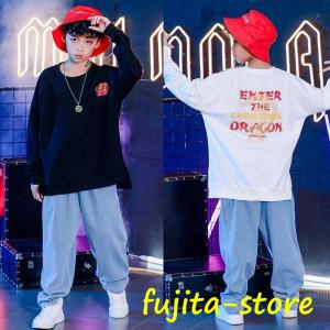 男の子 キッズ ダンス衣装 ヒップホップ セットアップ 子供 デニムパンツ ダンストップス HIPHOP 演出服 女の子 長袖 ジャズダンス おしゃれ ステージ衣装｜fujita-store