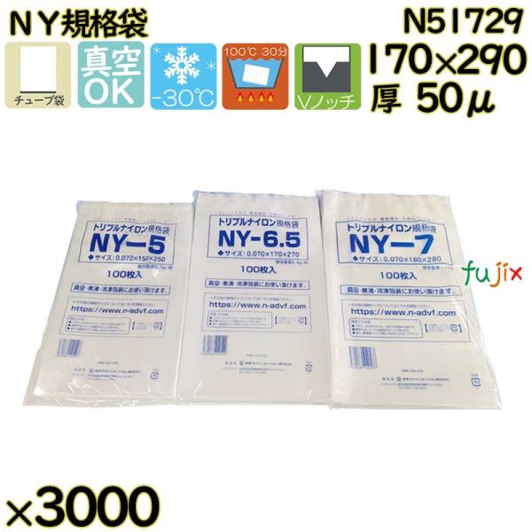 【新規受付不可】真空袋  ナイロンポリ袋  NY規格袋  N51729 3000枚（100枚×30）...
